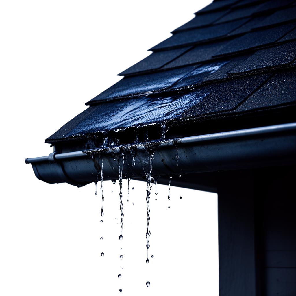 Close-up of a dark asphalt shingle roof with a leaking gutter dripping water